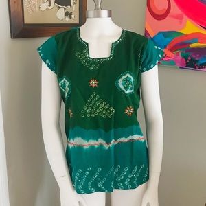 Batik Dyed Cotton Mirror Sequin Square Neck Top